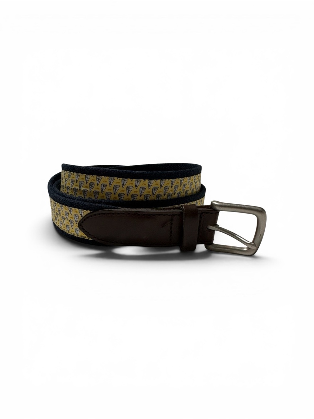 Vineyard Vines Yellow Patterned Webbing Belt with Brown Leather Trim